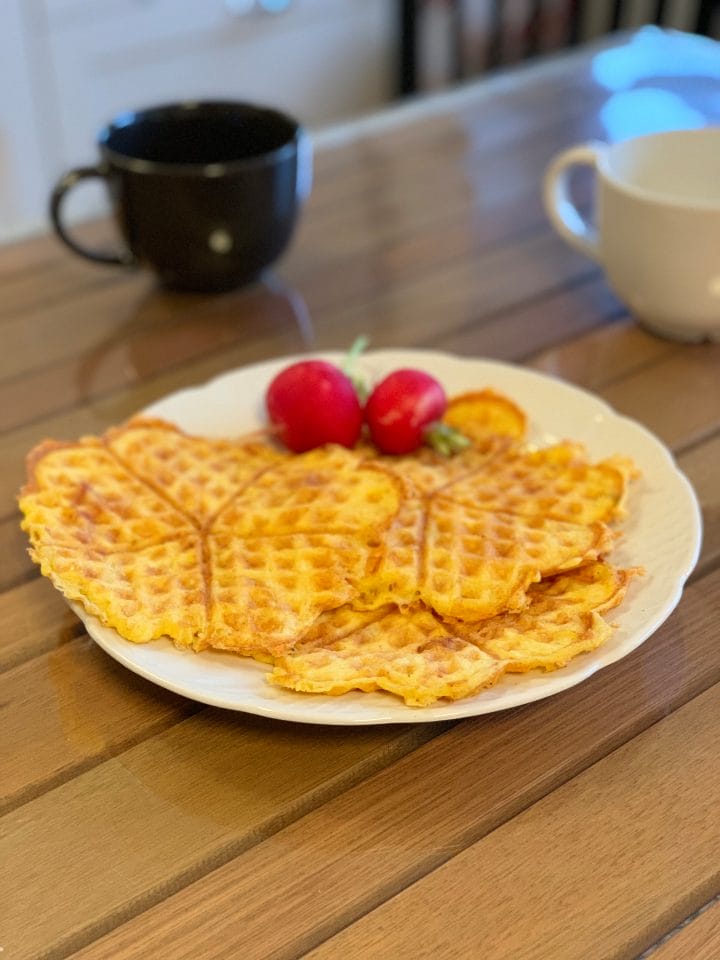 Savory keto waffles with cheese and chicken and ham