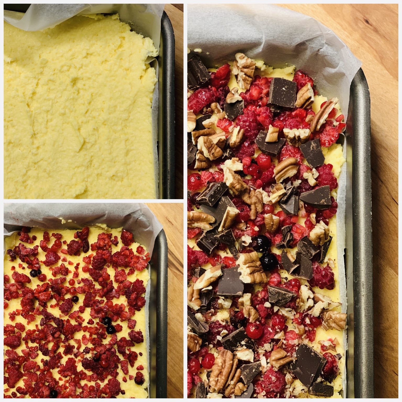 Collage of the procedure to make keto raspberry chocolate pecan cake bars.