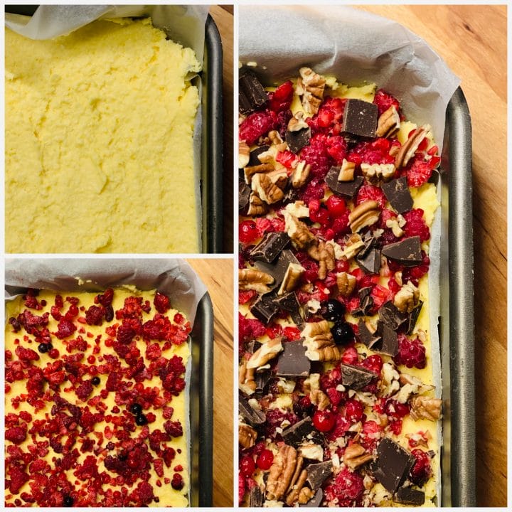 Collage of the procedure to make keto raspberry chocolate pecan cake bars.
