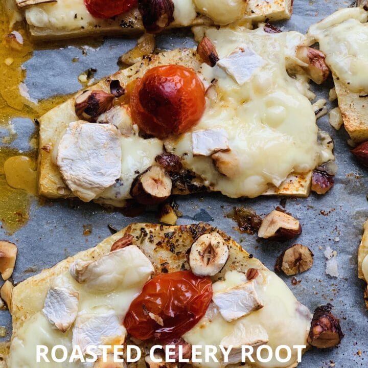 Picture of roasted celery with Camembert and hazelnuts baked in the oven