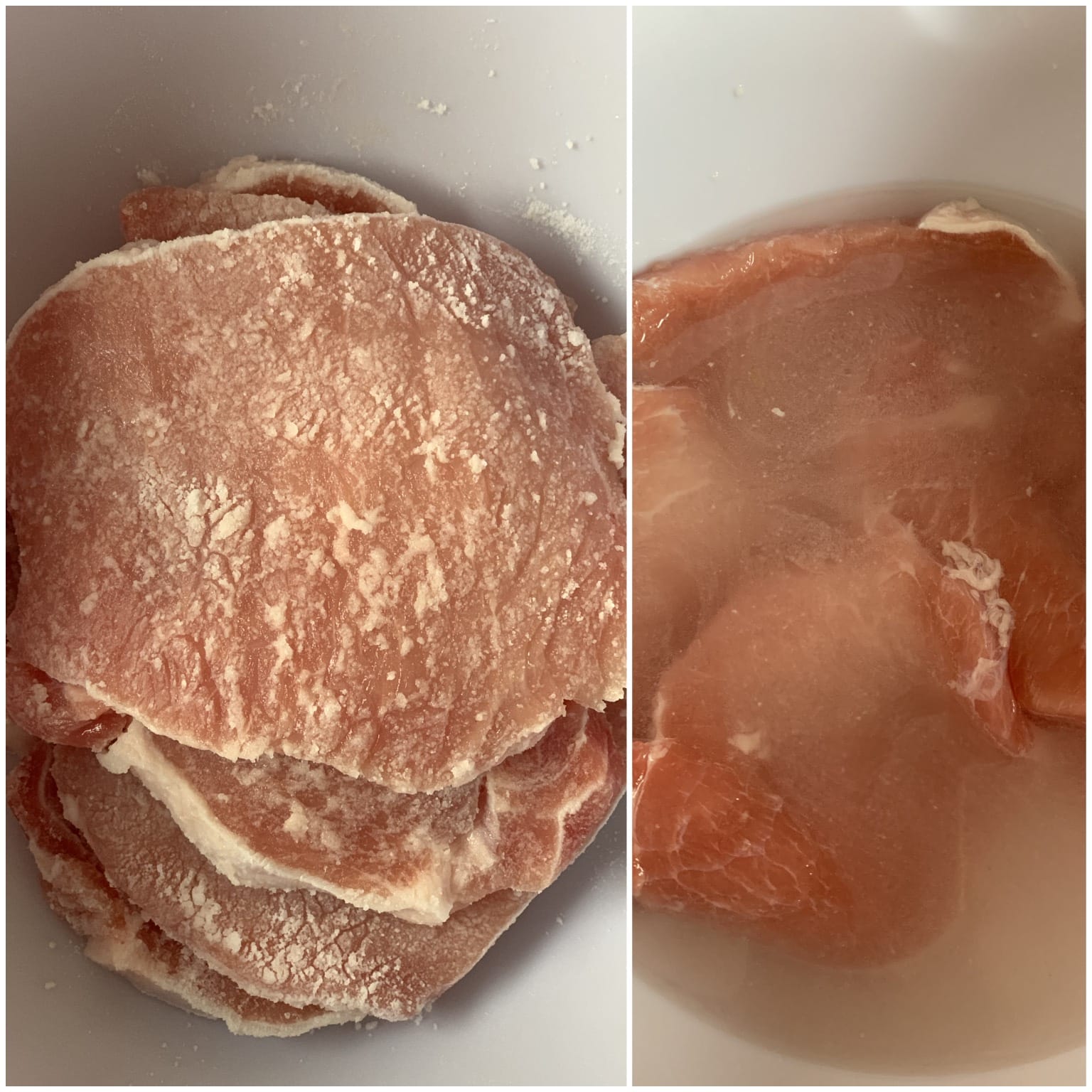 Picture of a procedure how to tenderize meat with baking soda and rinsing the soda