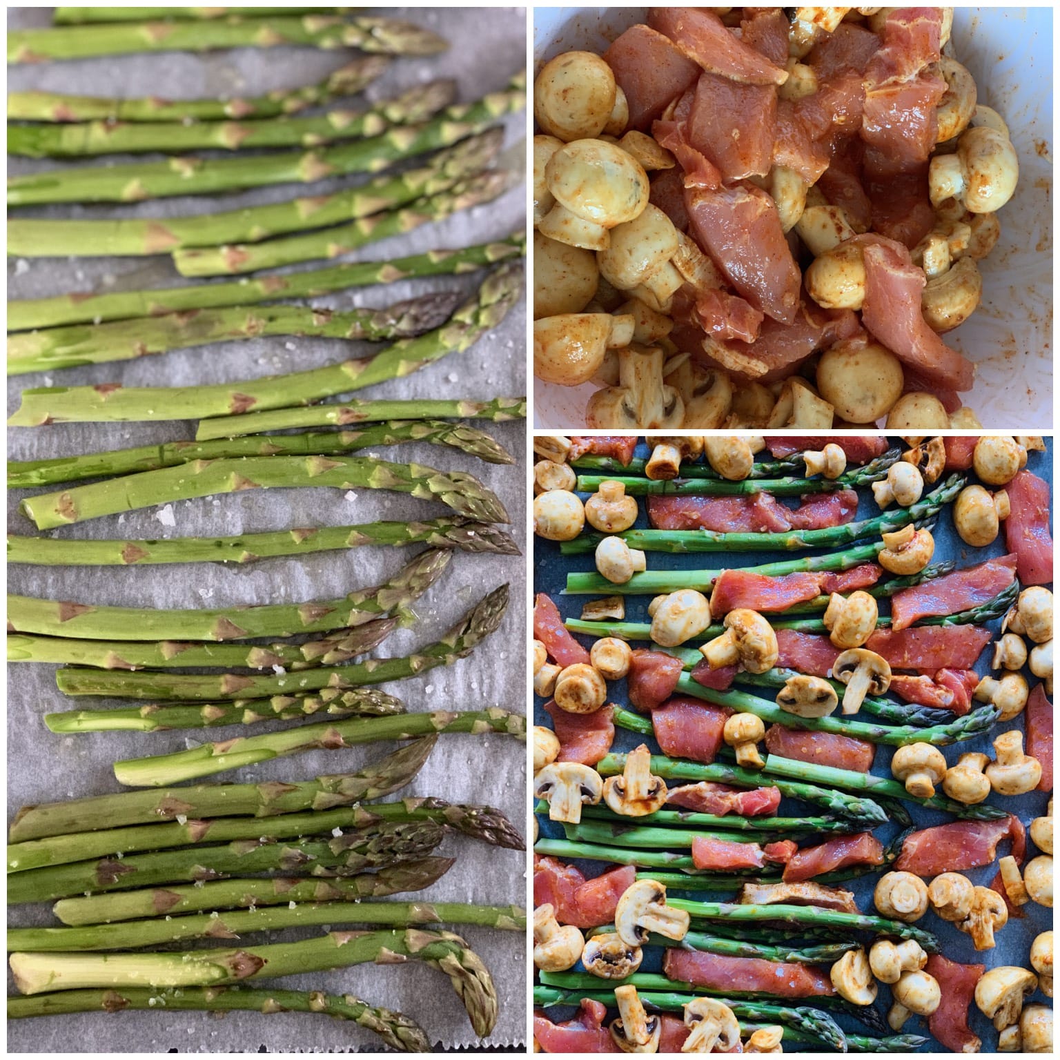 Picture of procedure to make keto pork chops with asparagus and mushrooms