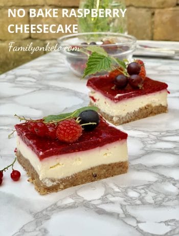 Picture of 2 slices of no bake raspberry cheesecake keto recipe