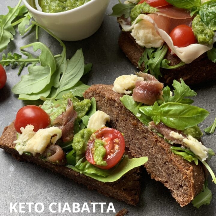Picture of keto chabatta Italian keto bread with anchovies and prosciutto