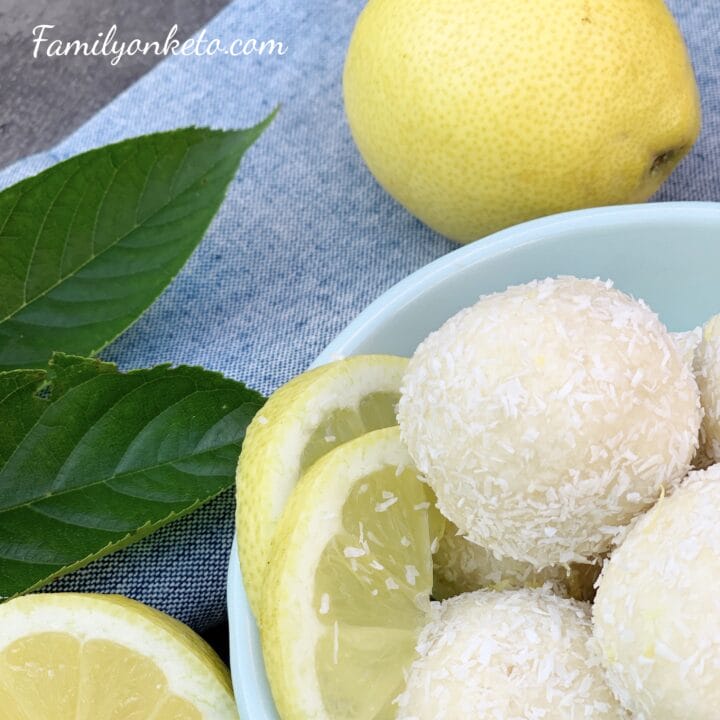Picture of no bake keto lemon energy balls in a bowl on the table