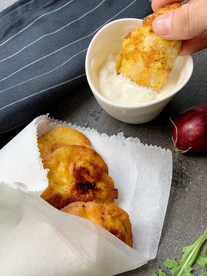 Picture of keto tenders in a keto batter
