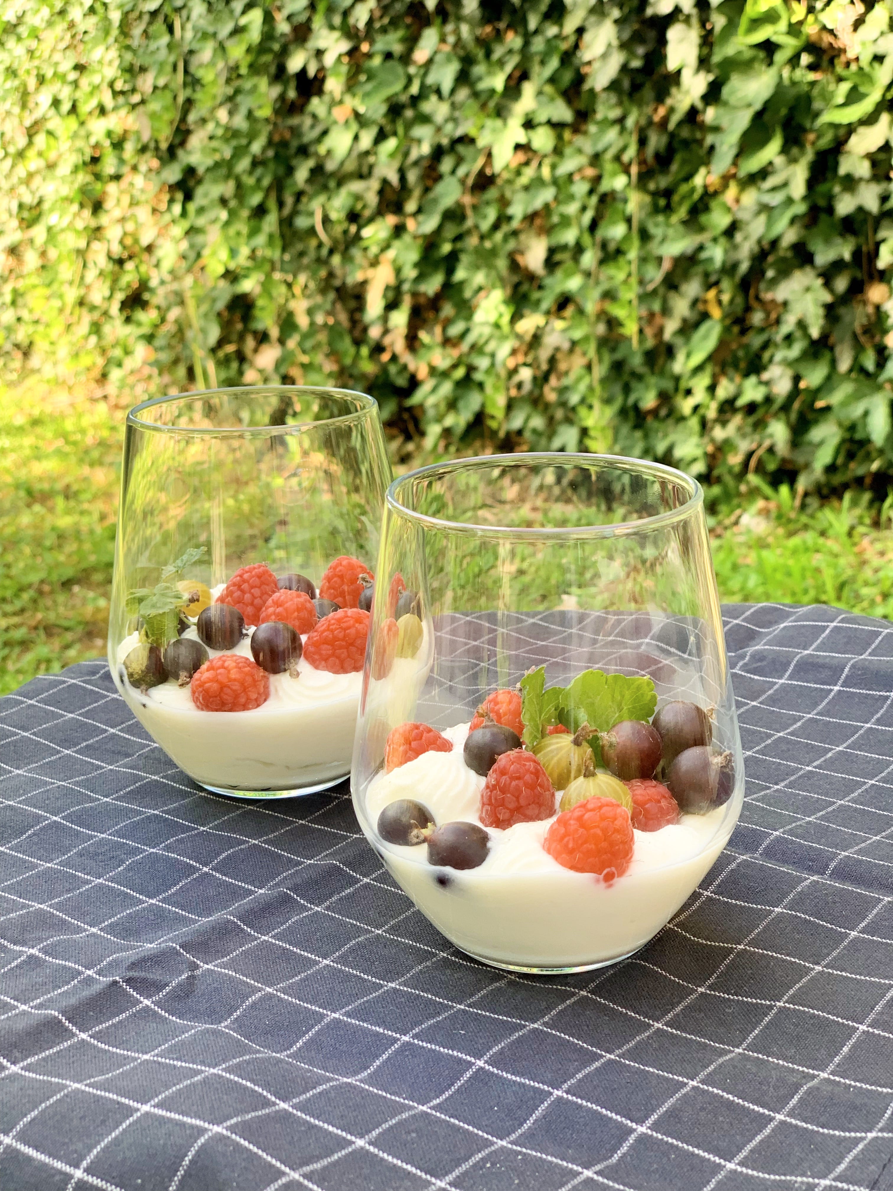 Two glasses with keto ricotta pudding with berries on a garden table