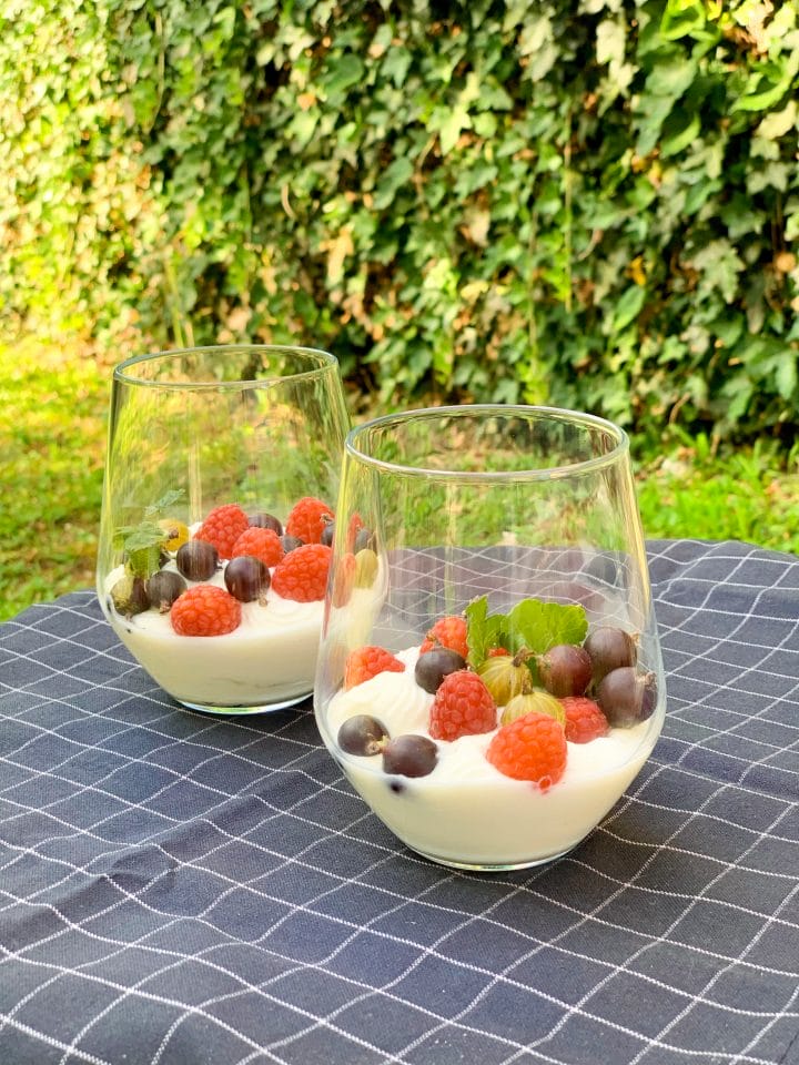 Two glasses with keto ricotta pudding with berries on a garden table