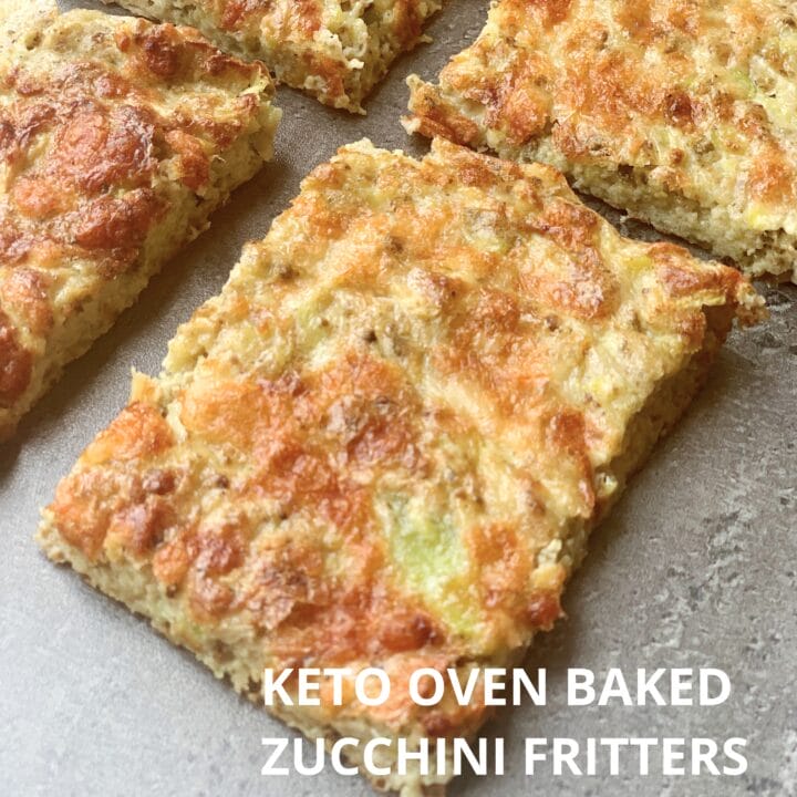 Picture of keto oven baked zucchini fritters slices on the table