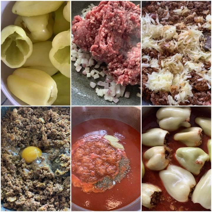 Picture of a procedure to prepare Balkan style low carb stuffed peppers with ground beef, baked in the oven in tomato sauce