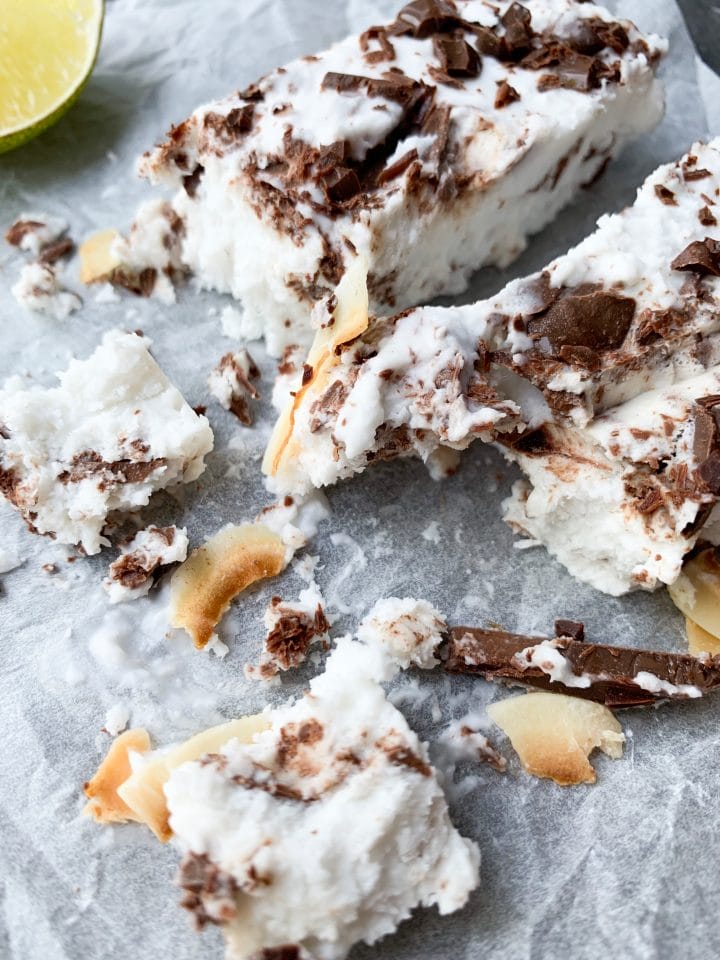 Low carb coconut ice cream cake on the table cut to ice cream 