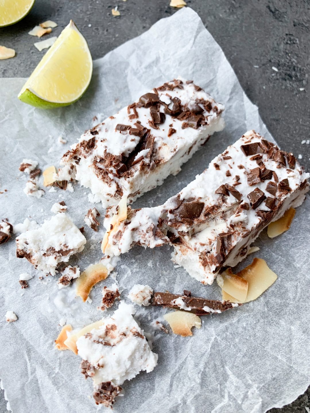 Coconut ice cream cake Bounty bars on the parchment paper