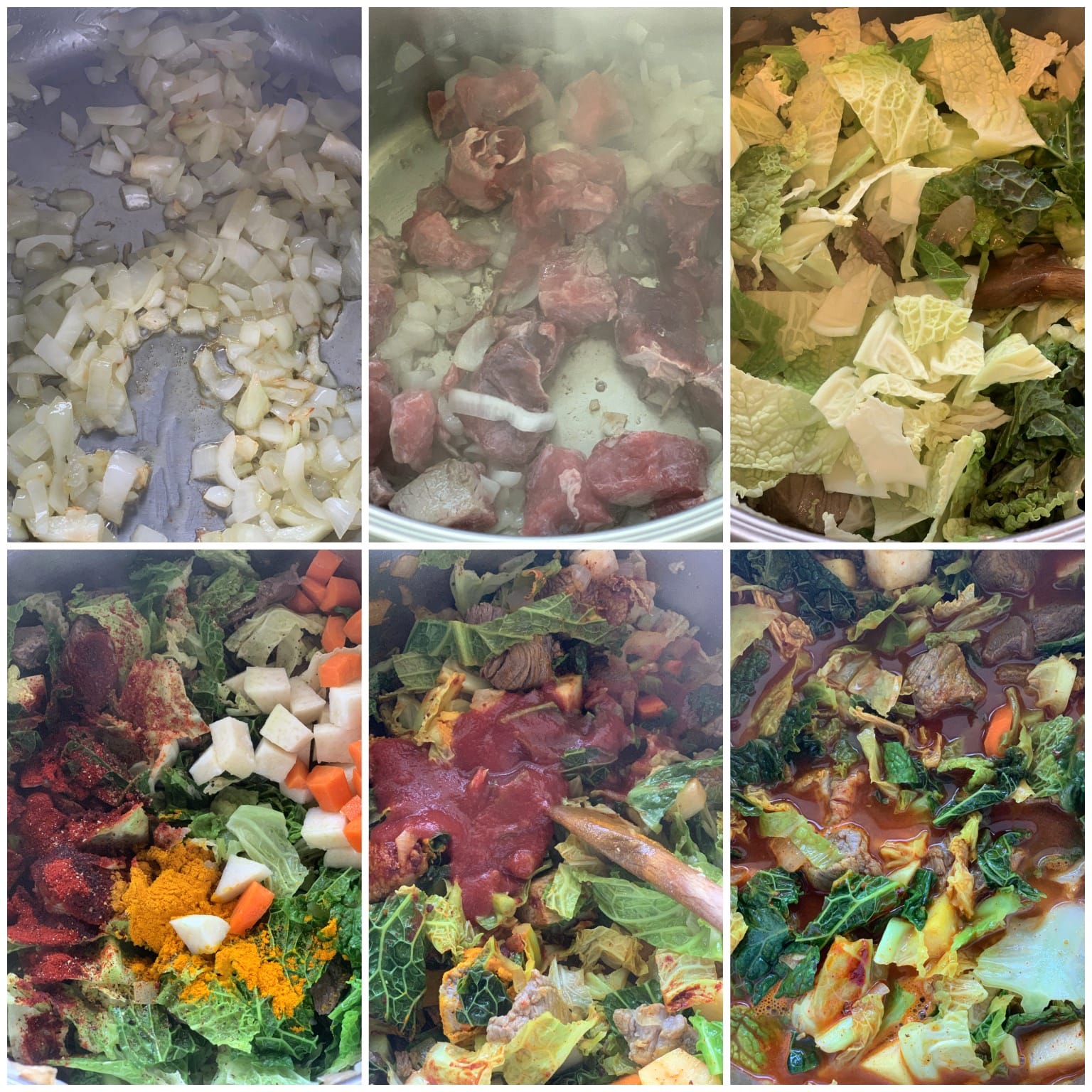 Picture of a procedure to prepare savoy cabbage in red soup with beef