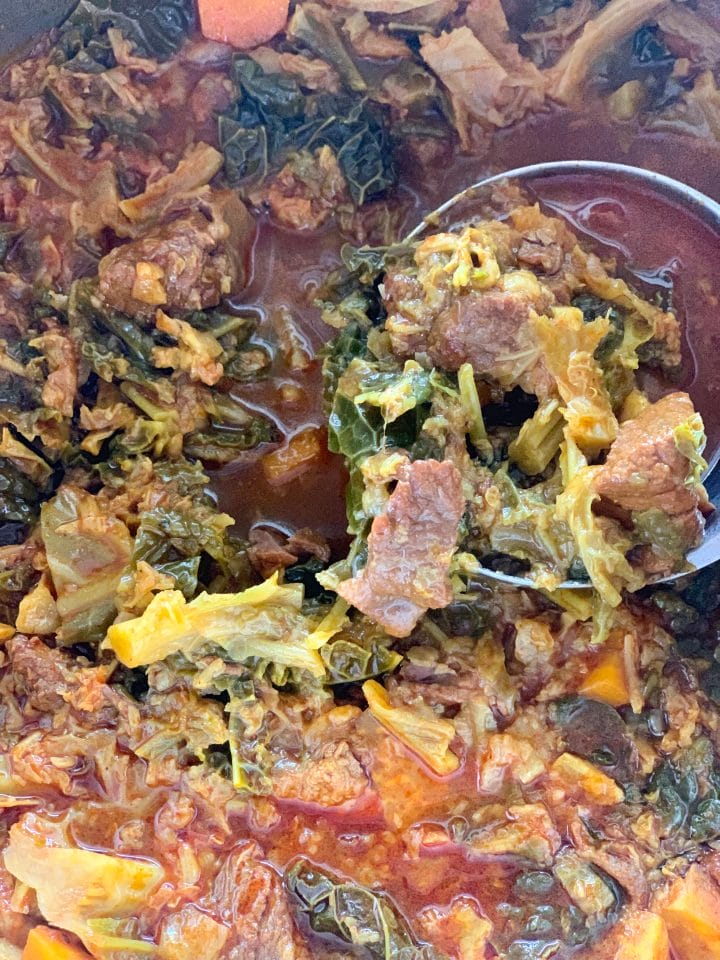 Picture of savoy cabbage soup with beef in a pot