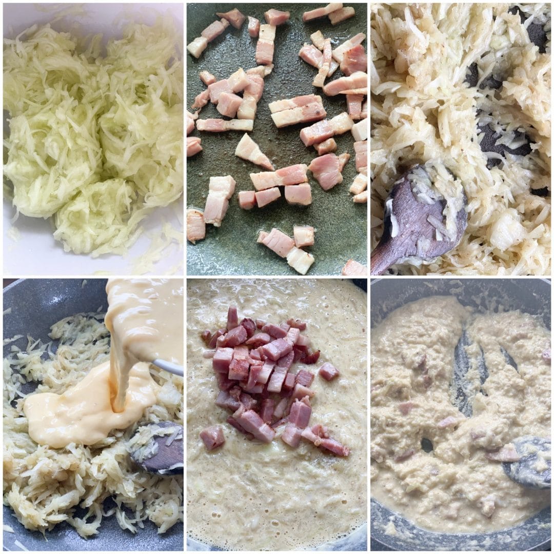 Picture of procedure to make zucchini carbonara with bacon, eggs and grated zucchini