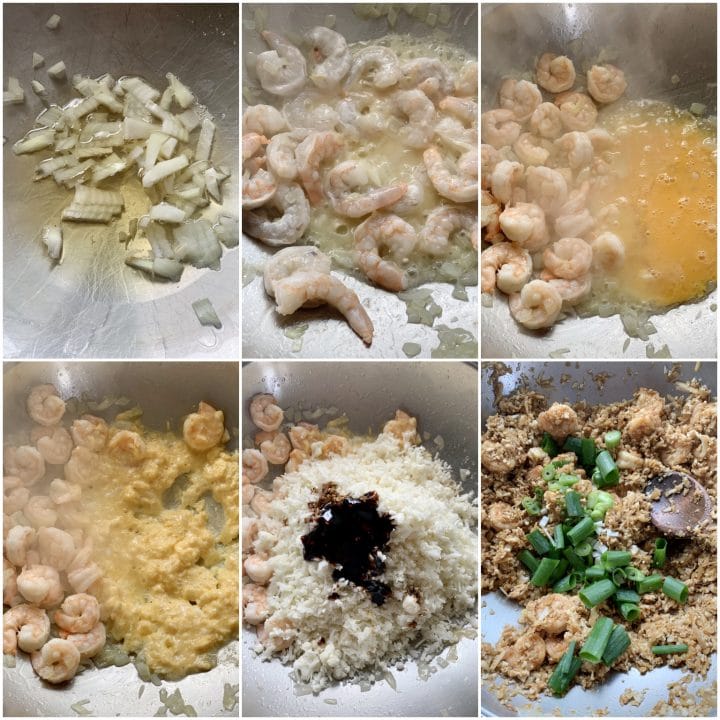 Picture of procedure to make Thai keto stir fry with riced cauliflower and shrimps