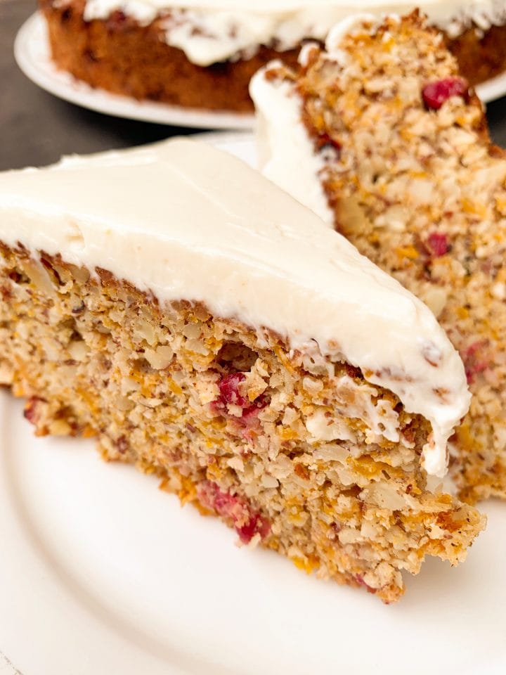 Picture of slices of low carb pumpkin cake with red currants and coconut