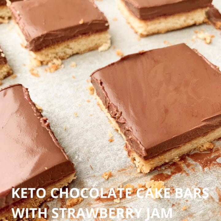 Picture of keto chocolate cake bars with strawberry jam