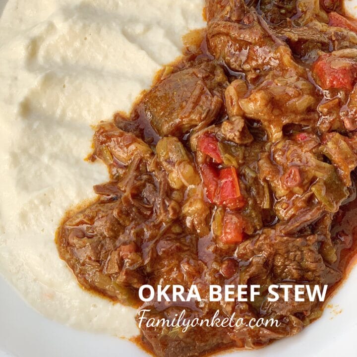 Picture of a plate full of okra beef stew with cauliflower mash