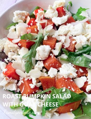 Picture of bowl of leafy green salad with roasted pumpkin and feta cheese