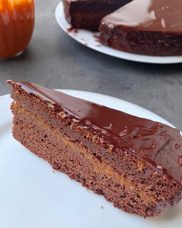 Picture of keto Sacher torte with sugar free apricot jam. 