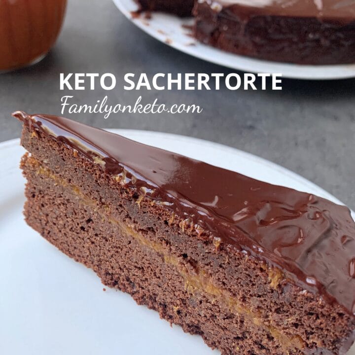 Picture of keto Sacher torte or low arb chocolate cake with apricot jam