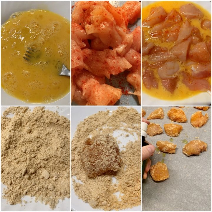 Picture of a procedure to make keto chicken nuggets with whisked eggs, chicken breasts and grain free keto coating with peanut flour and almond flour.