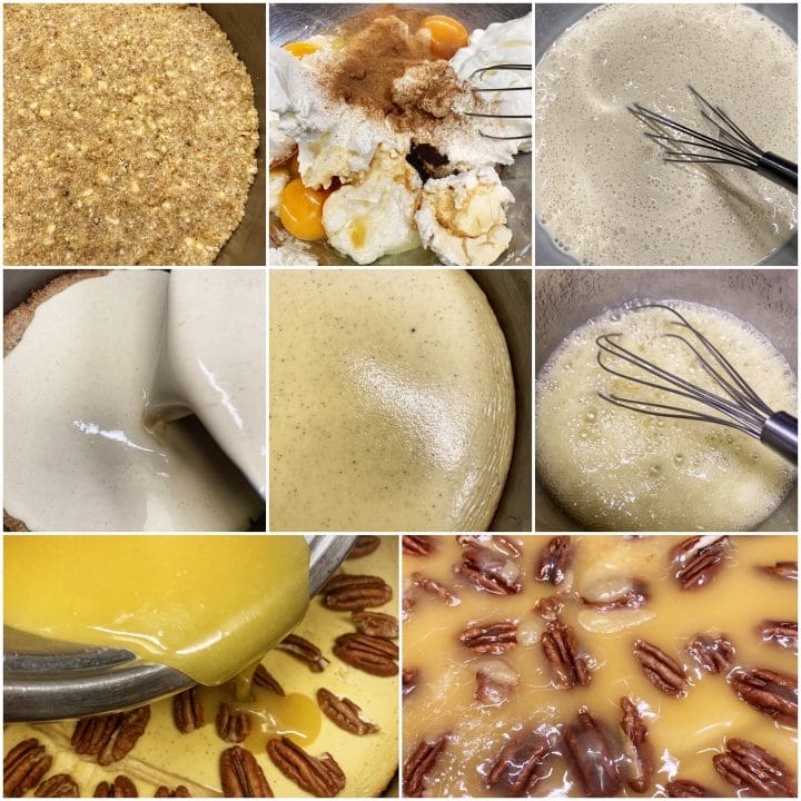 Picture of a procedure to make keto pecan pie cheesecake with low carb caramel topping