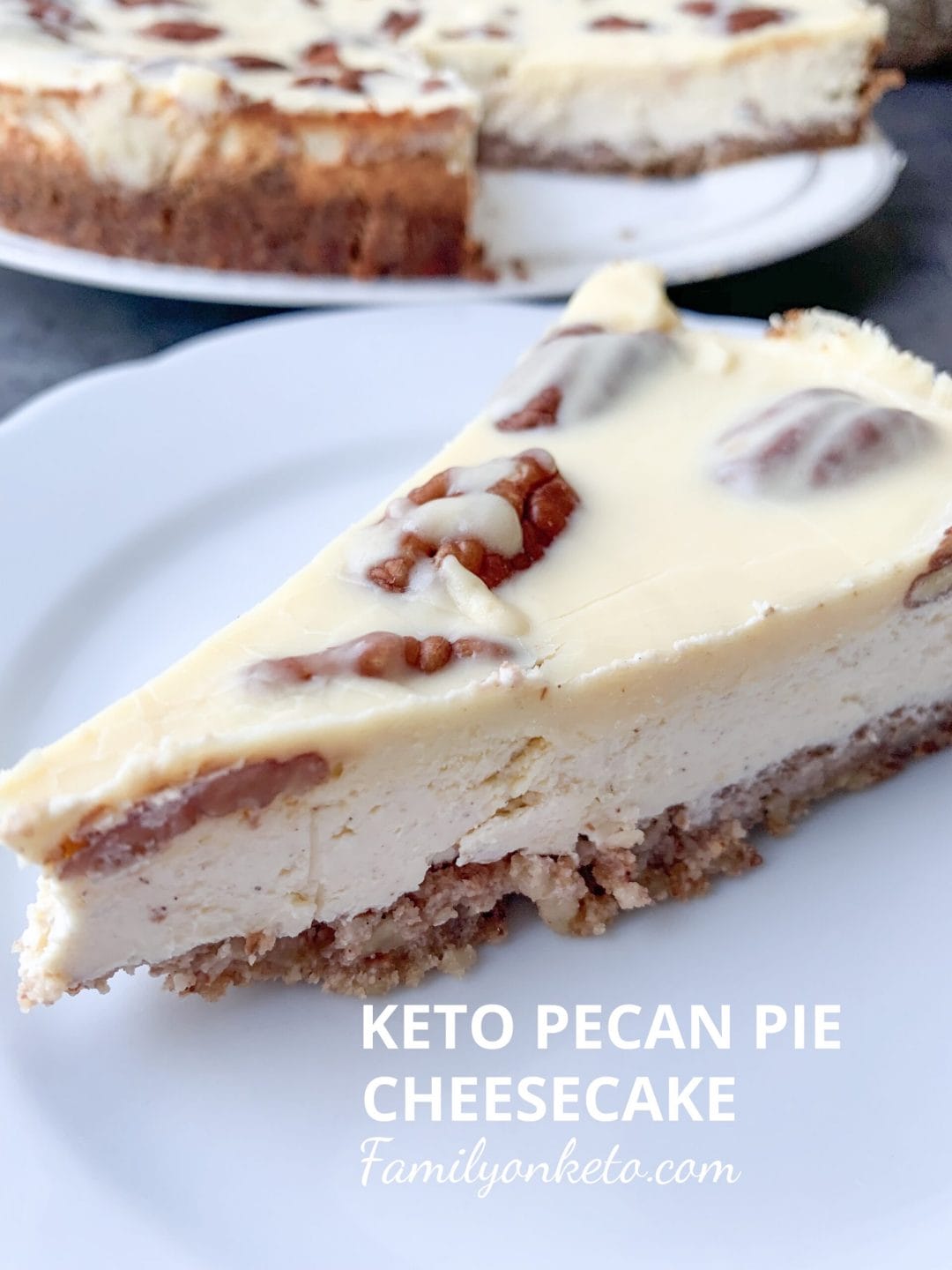 Picture of delicious keto pecan pie cheesecake with pecan caramel topping