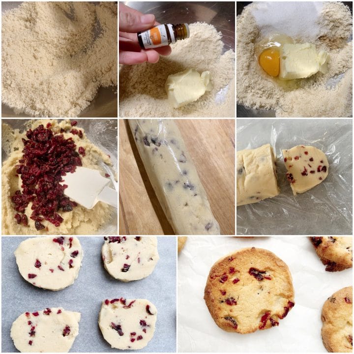 Picture of a procedure to make keto slice and bake cookies with orange and cranberries