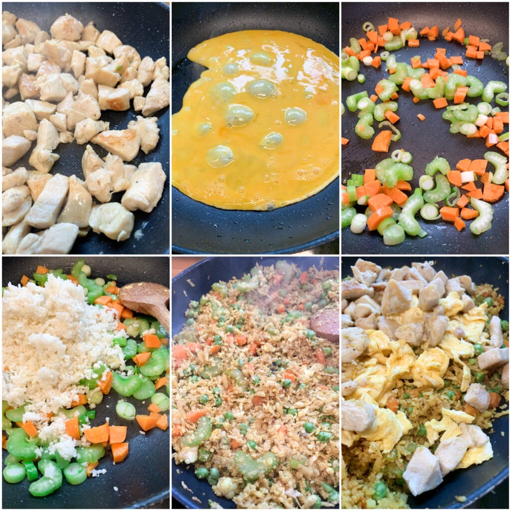 Picture of a procedure to cook keto chicken fried cauliflower rice recipe with vegetables step by step