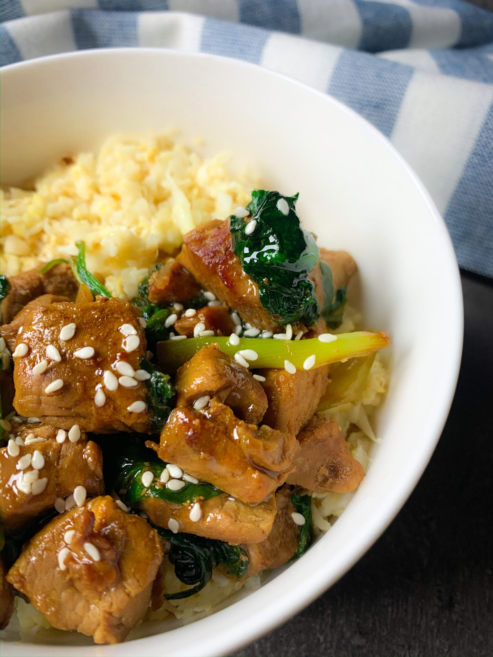 Keto pork tenderloin in delicious oyster sauce with cauliflower rice