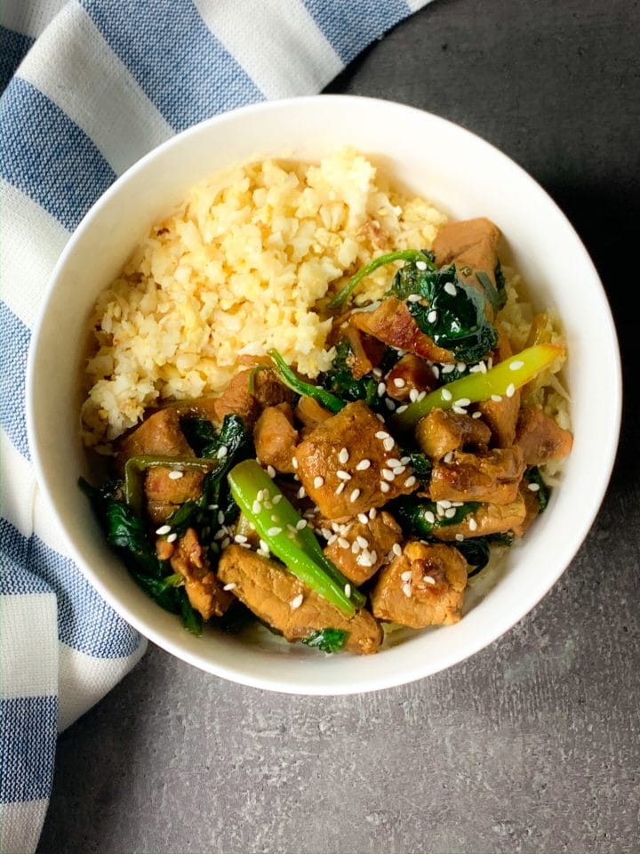 Picture of keto pork tenderloin Thai style with cauli rice