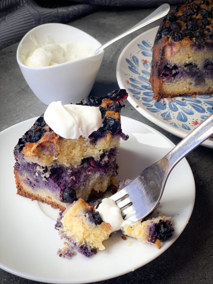 Picture of a slice of keto blueberry cake with a sour cream on top