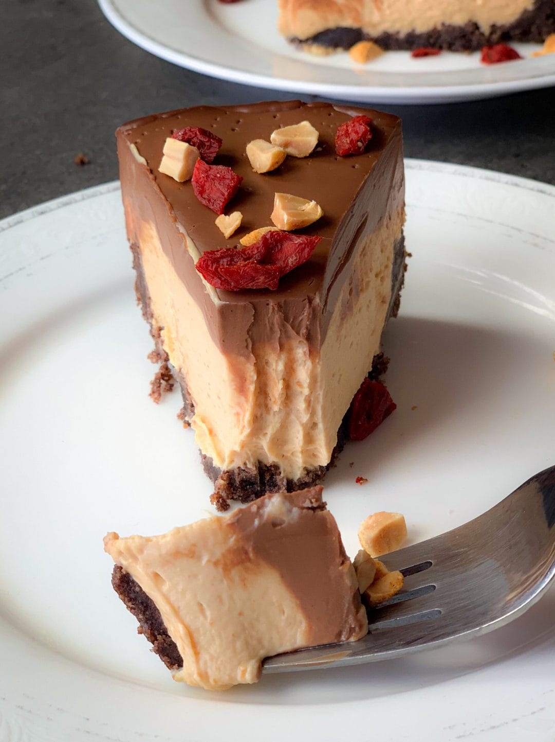Picture of a slice of low carb peanut butter cream cake
