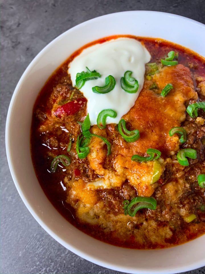 Picture of a bowl full of keto chili without beens