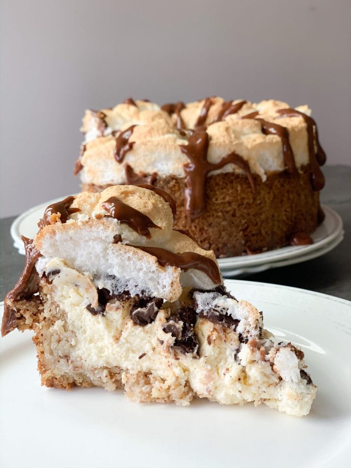 Photo of low carb s'mores cheesecake with chocolate and keto meringue topping