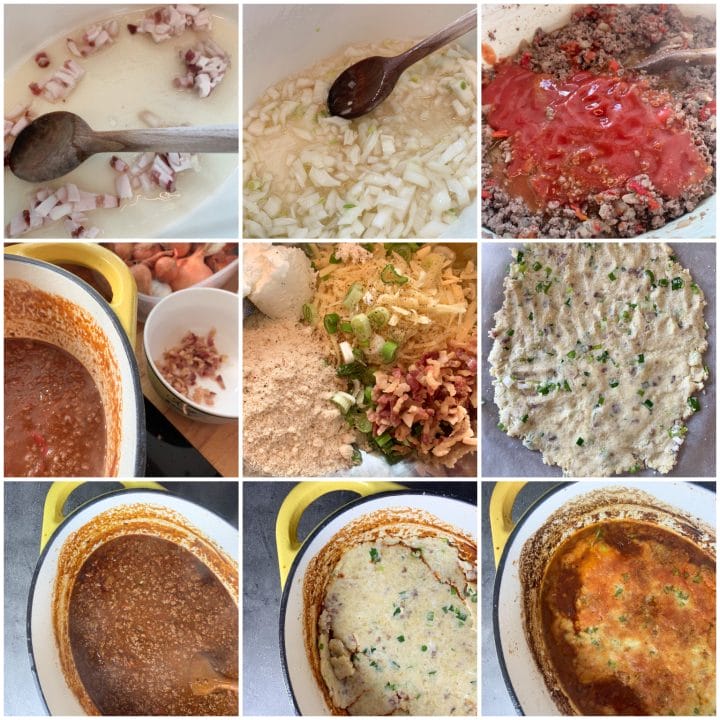 Picture of a procedure to make keto chili con carne with delicious low carb cheese crust