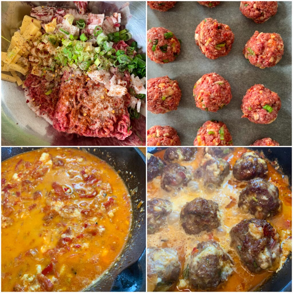 Picture of a procedure to make Balkan food meatballs with keto feta cheese and pepper sauce 