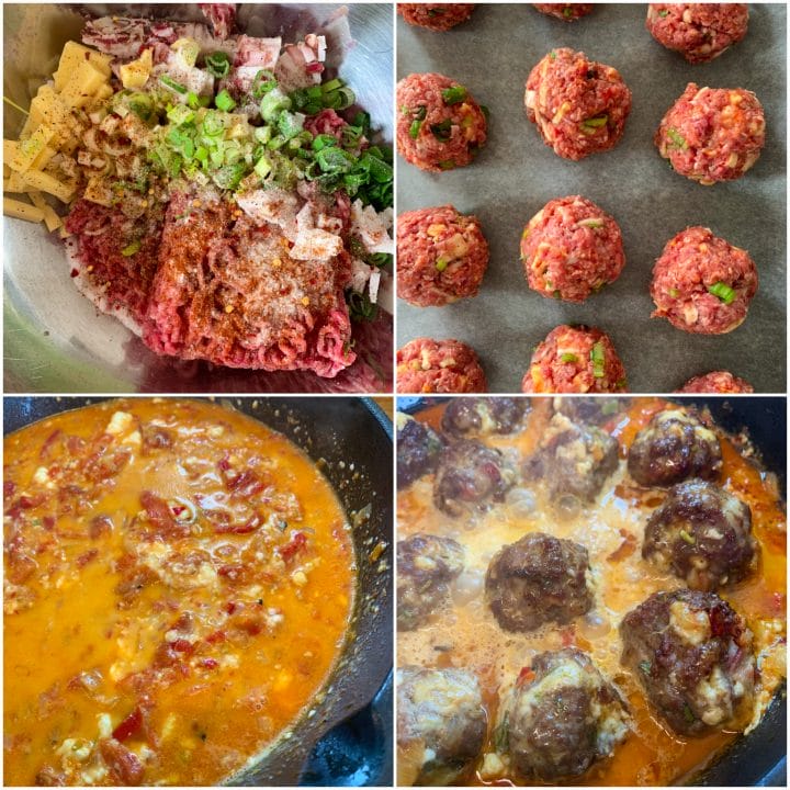 Picture of a procedure to make Balkan food meatballs with keto feta cheese and pepper sauce 