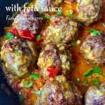 Picture of Balkan style meatballs with feta cheese sauce. Delicious keto meatballs recipe.