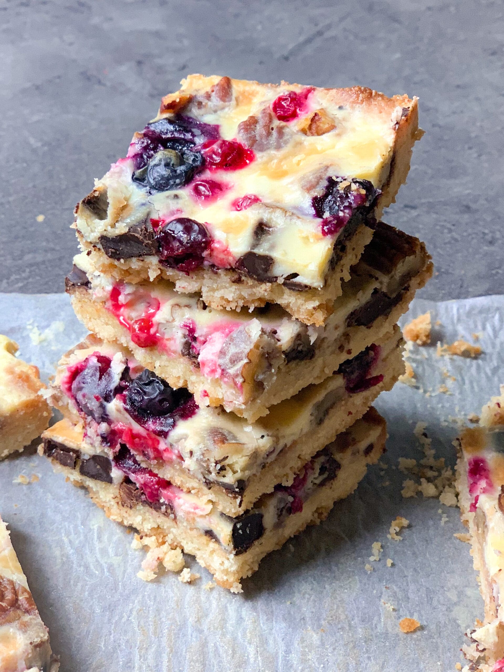 Picture of few slices ok sugar free magic bars with pecans, chocolate and berries