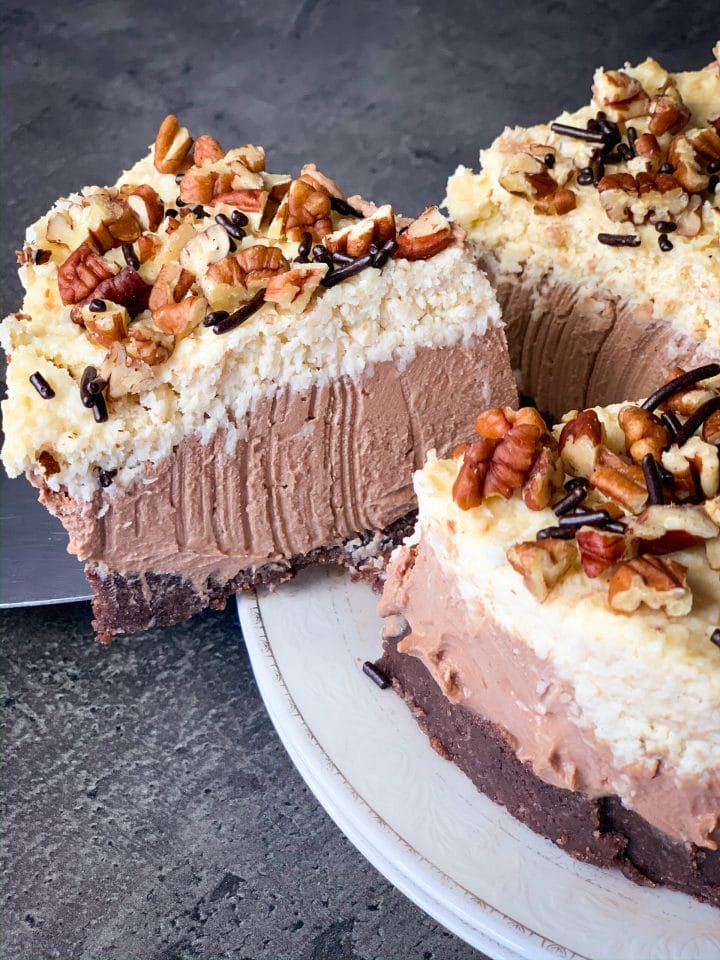 Picture of creamy low carb gluten free sugar free German chocolate cheesecake cake