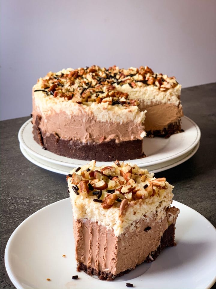 Picture of keto German cheesecake with German topping with toasted coconut and pecans