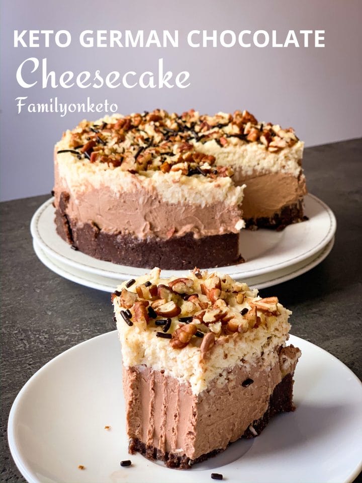 Picture of a slice of delicious and creamy keto German chocolate cheesecake with coconut German topping