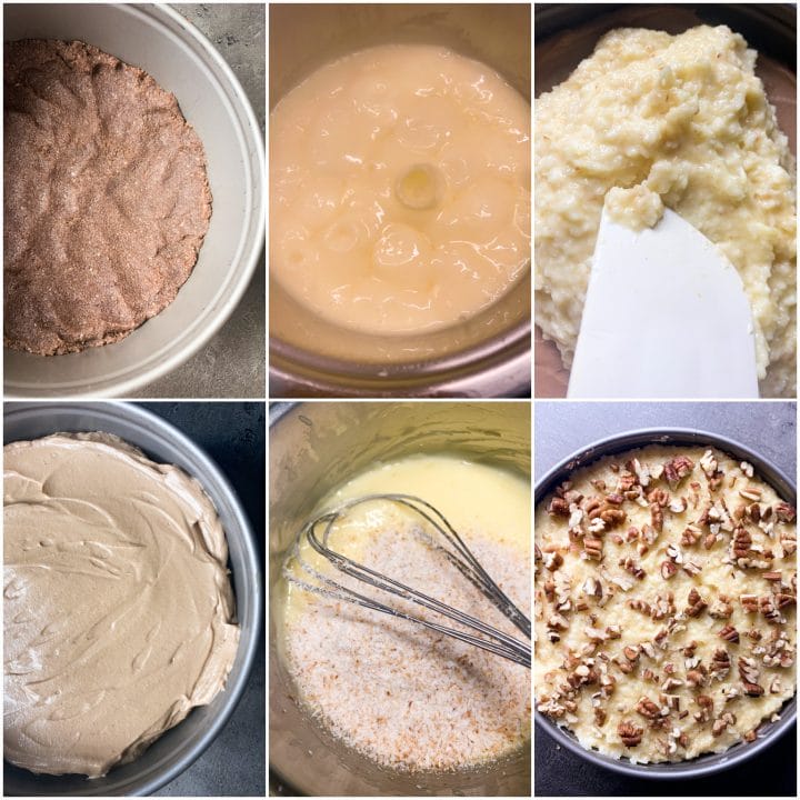 Picture of a procedure to make keto German chocolate cheesecake cake