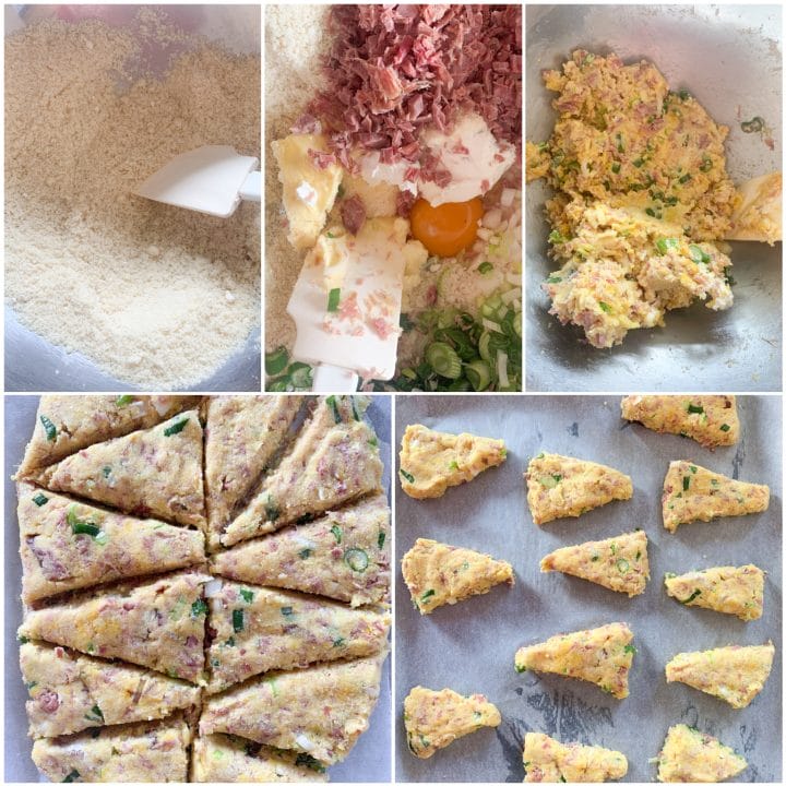 Picture of a procedure to make keto scones with ham, spring onion and cream cheese