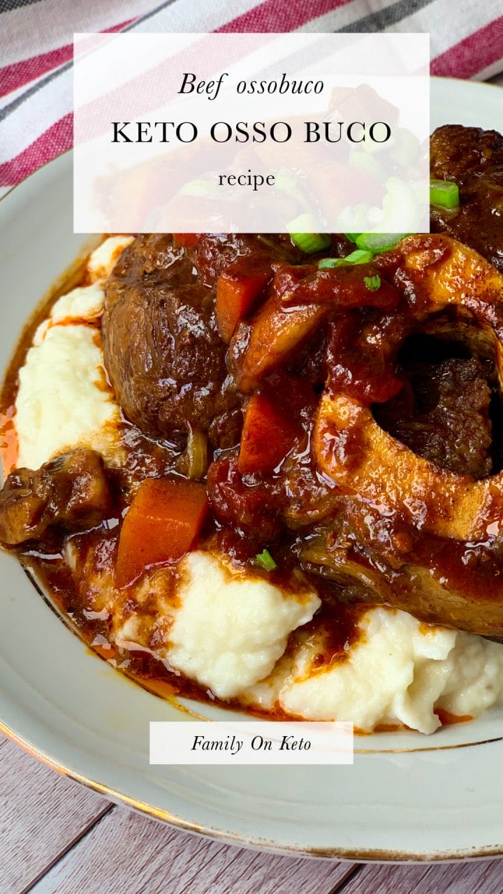 Keto beef ossobuco in keto vegetable stew and low carb cauliflower mash