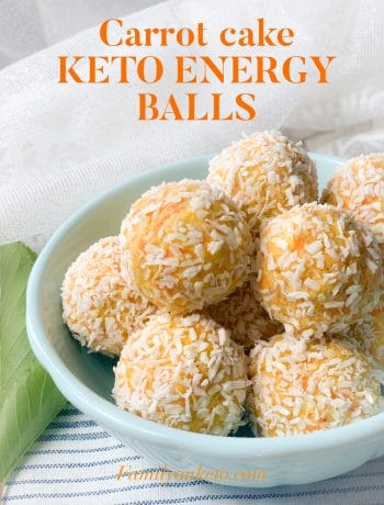 Picture of a bowl with carrot cake keto energy balls with coconut flakes