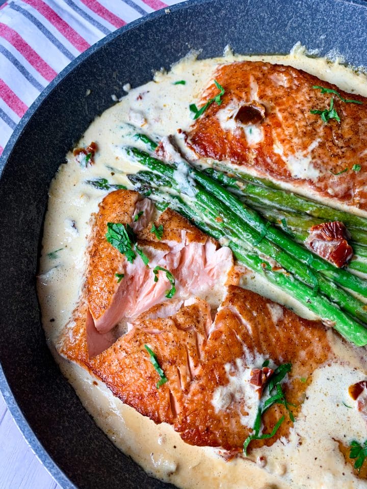 Picture of keto salmon with asparagus and creamy keto Tuscan sauce with garlic, dried tomato and butter